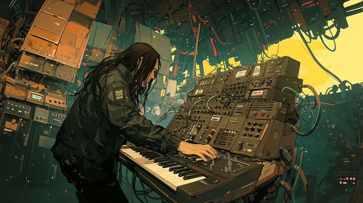Illustration of a synth studio setup